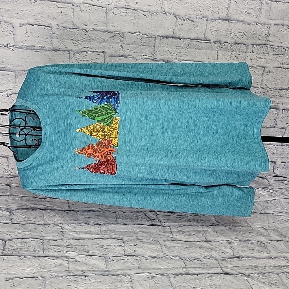 CHRISTMAS Trees Long Sleeve Blue Shirt‎ XL